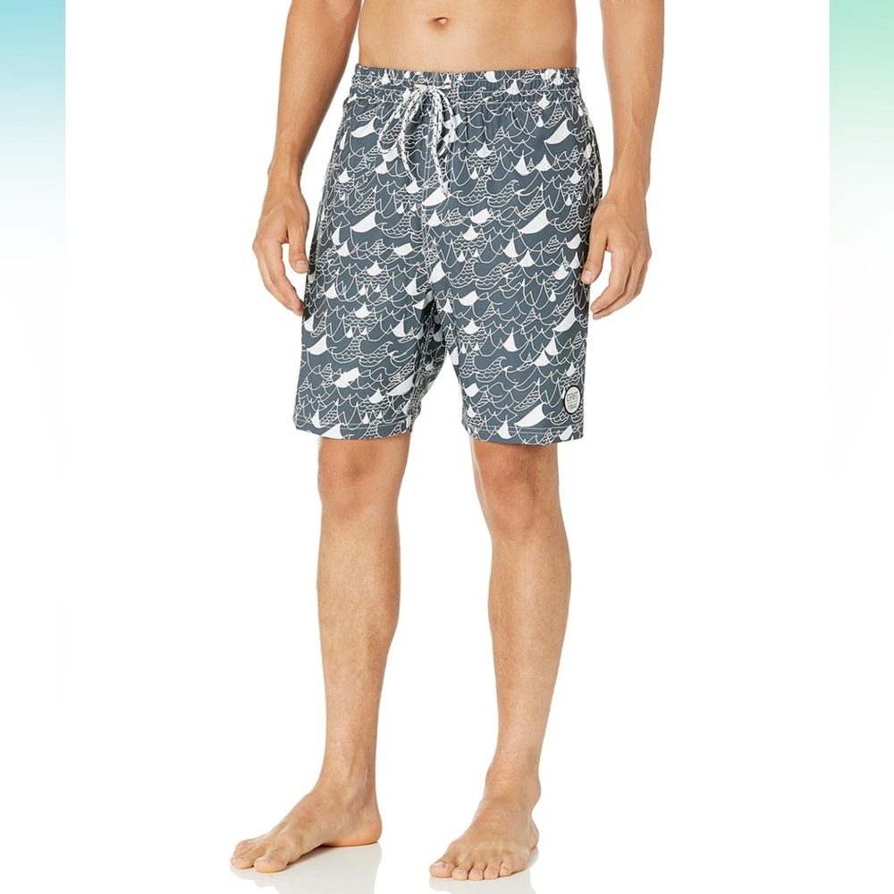 Drift 7 Seas Men’s Elastic Waist Drawstring Swim Trunks in Denim Blue and White